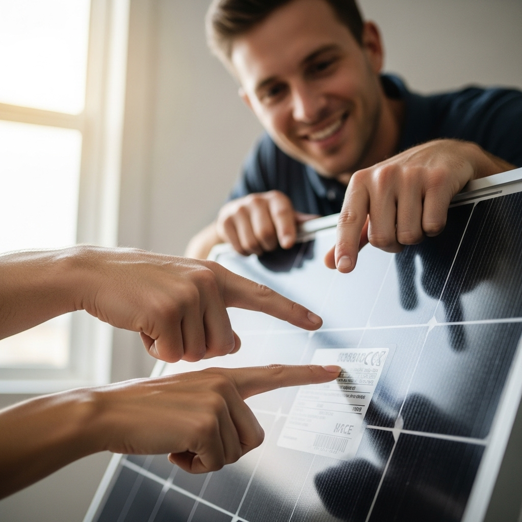 5Kw Solar System Price Brisbane - A close-up shot of two hands (one male, one female) pointing at the back of a solar panel during a home consultation. The focus is on the panel's label (illegible details). They are discussing the system with a friendly solar installer who's pointing and smiling.