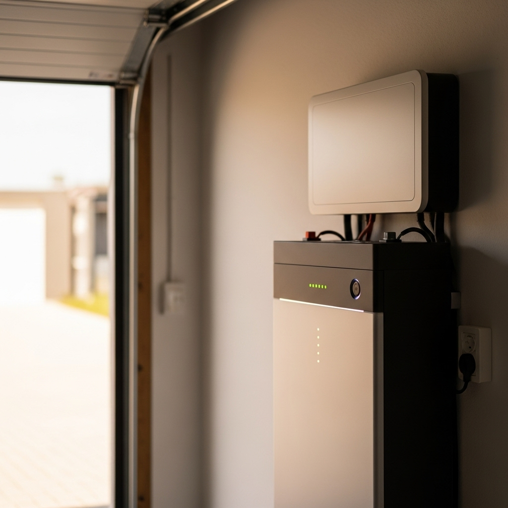 Best Solar Battery Brands Brisbane - A close-up shot of a modern solar battery installed in a well-ventilated garage. The battery is clean and appears high-tech. The garage door is partially open, letting in soft, diffused light, suggesting protection from the harsh Brisbane sun.