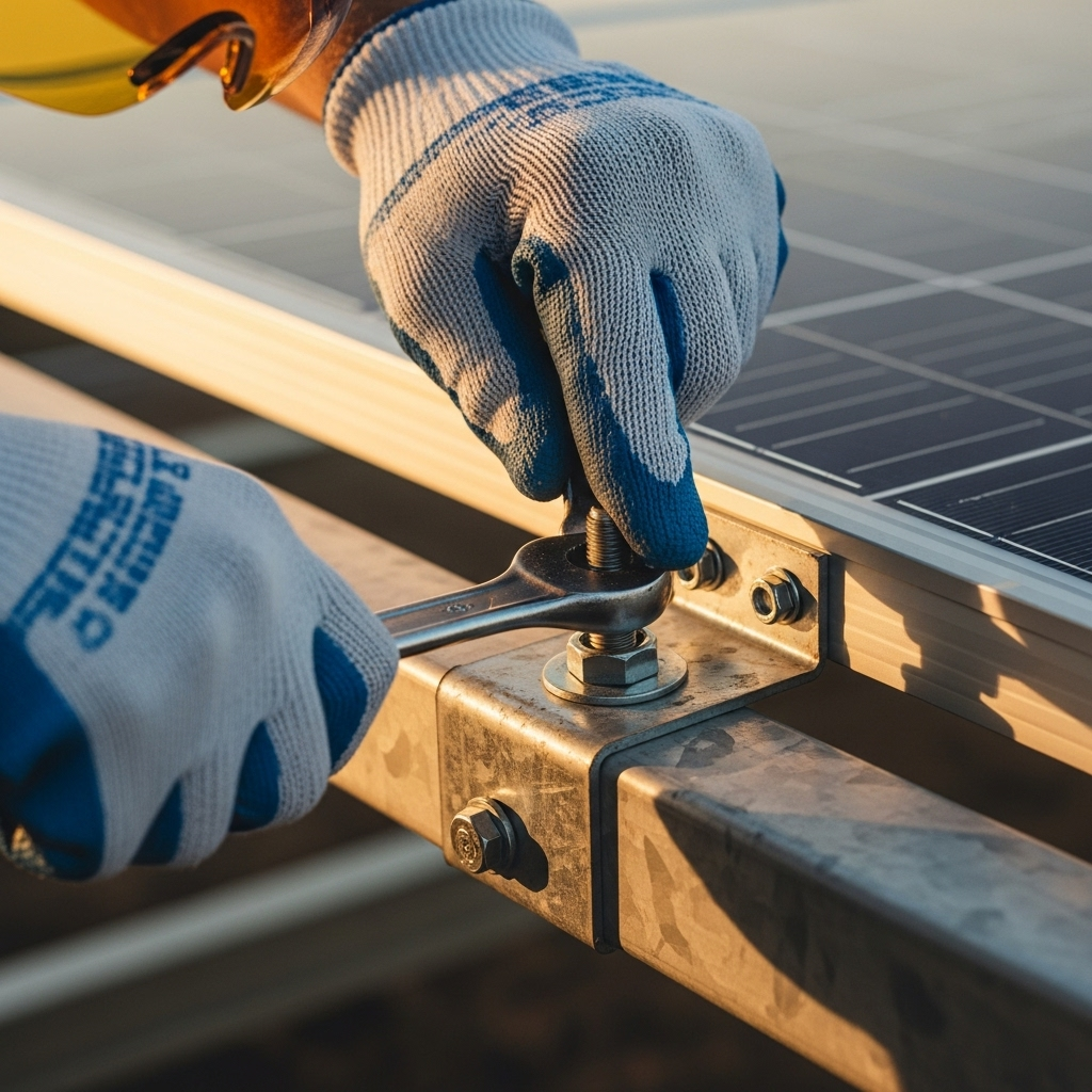 Best Solar Panels Qld 2026 - A close-up shot of an installer's hands, expertly tightening a bolt on a solar panel mounting bracket. The focus is on the precision and skill involved in the installation, conveying a sense of professionalism and quality workmanship. The installer is wearing appropriate safety gear.