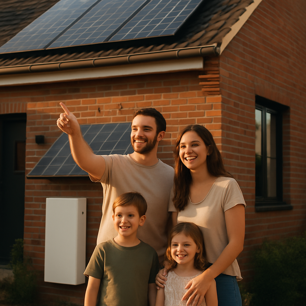 Brisbane Solar And Battery Cost Estimator - A smiling family (parents and two young children) standing in front of their modern brick home with newly installed solar panels and a battery. The father is pointing towards the solar installation, and the scene exudes pride and optimism. Sun is shining. There is a feeling of security in a sunny future.