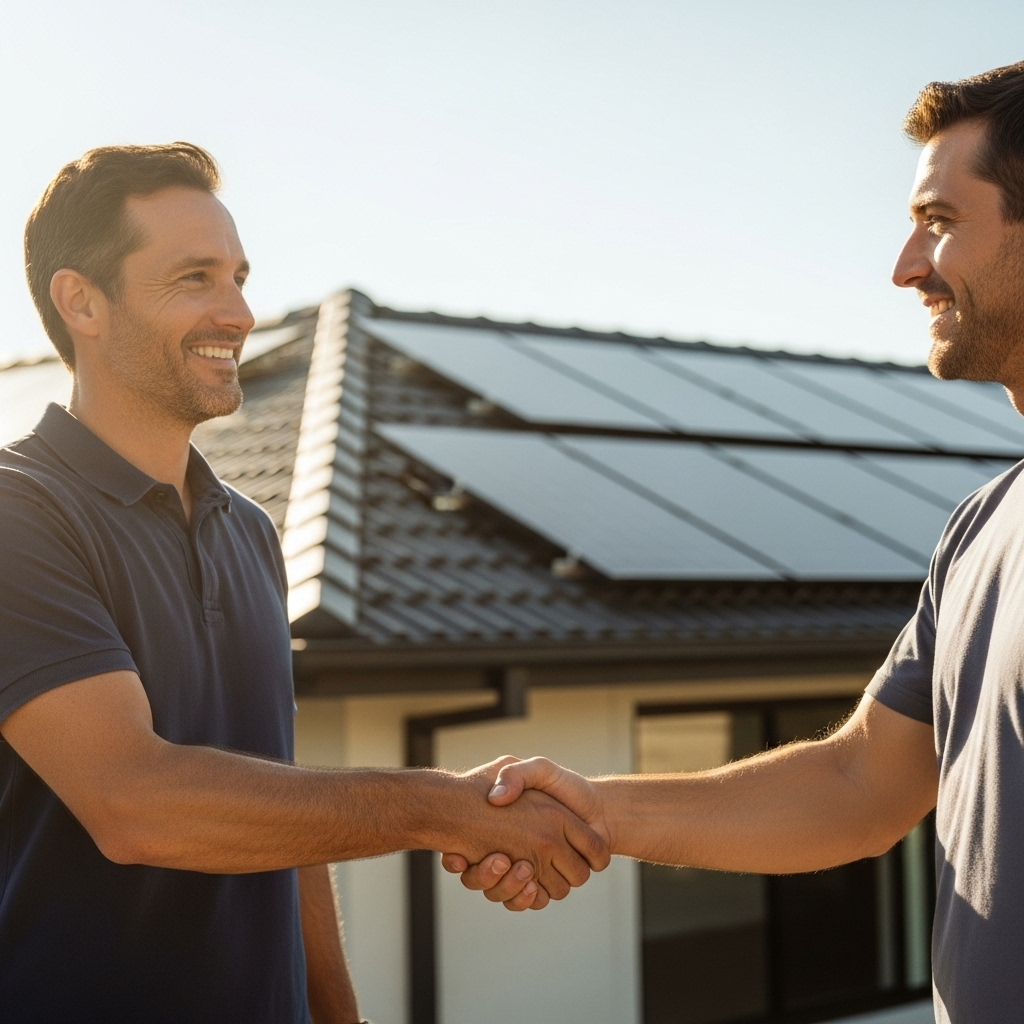 Fronius Inverter Installation Cost Qld - A close-up of a smiling homeowner shaking hands with a clean-cut, professional solar installer. The background is slightly blurred, suggesting the installation is complete and the homeowner feels confident in their choice. The focus is on the trust and positive relationship being built.