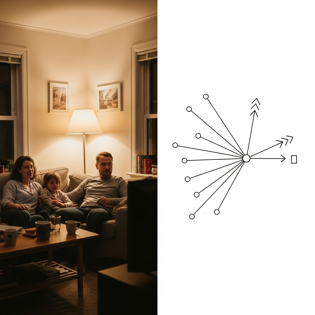 6.6Kw Solar System Cost - A split-screen image. On one side, a family is happily using electrical appliances (TV, lights). On the other side, a stylized and illegible graphic shows electricity being 'sent back' to a generic, non-branded grid. This illustrates the concept of both consuming and exporting electricity.