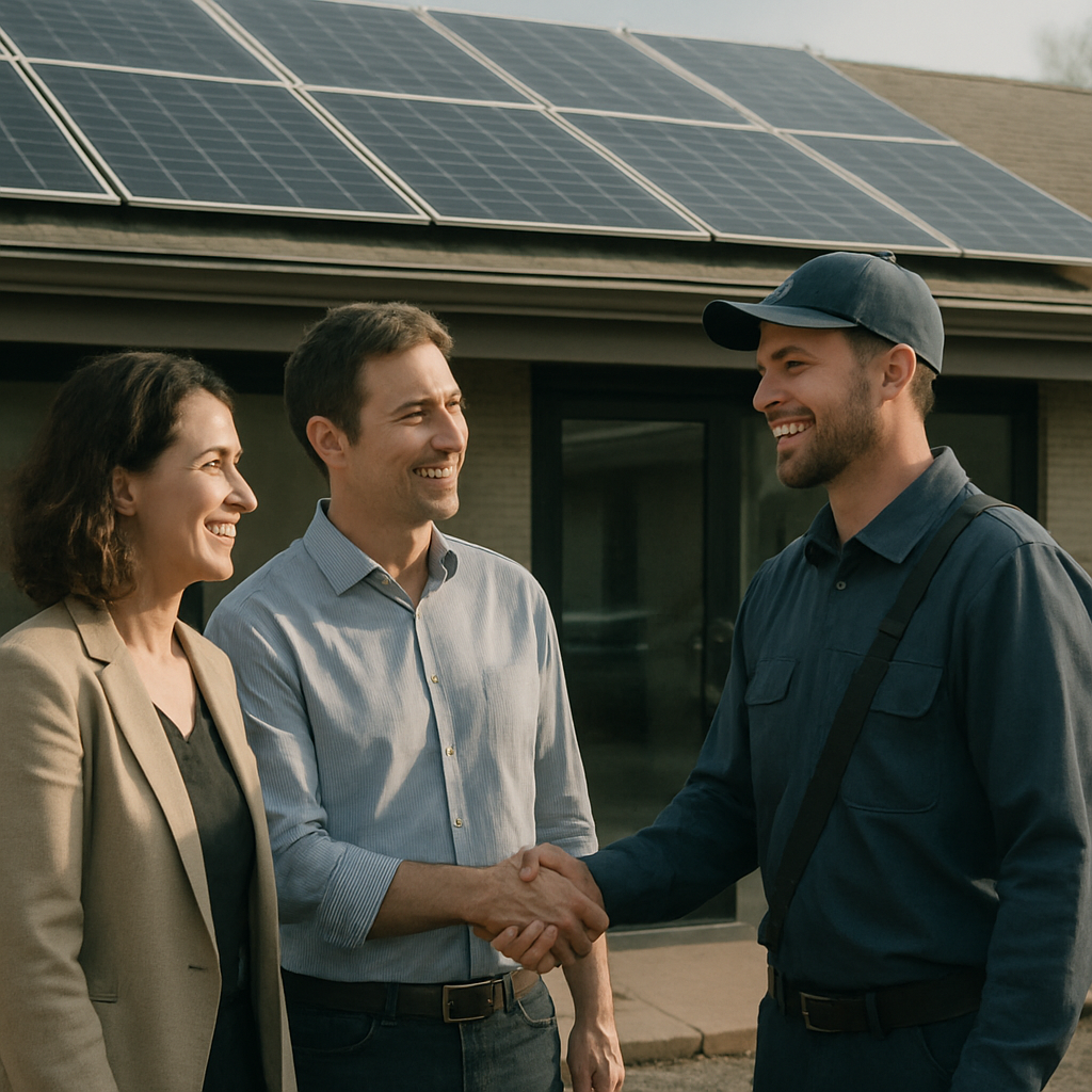 Solar System Size For Business Brisbane - Two business owners are shaking hands with a solar installer in front of their business. The solar installer is wearing a clean uniform and has a friendly demeanor. Newly installed solar panels are visible on the roof behind them. The scene conveys trust and professionalism.