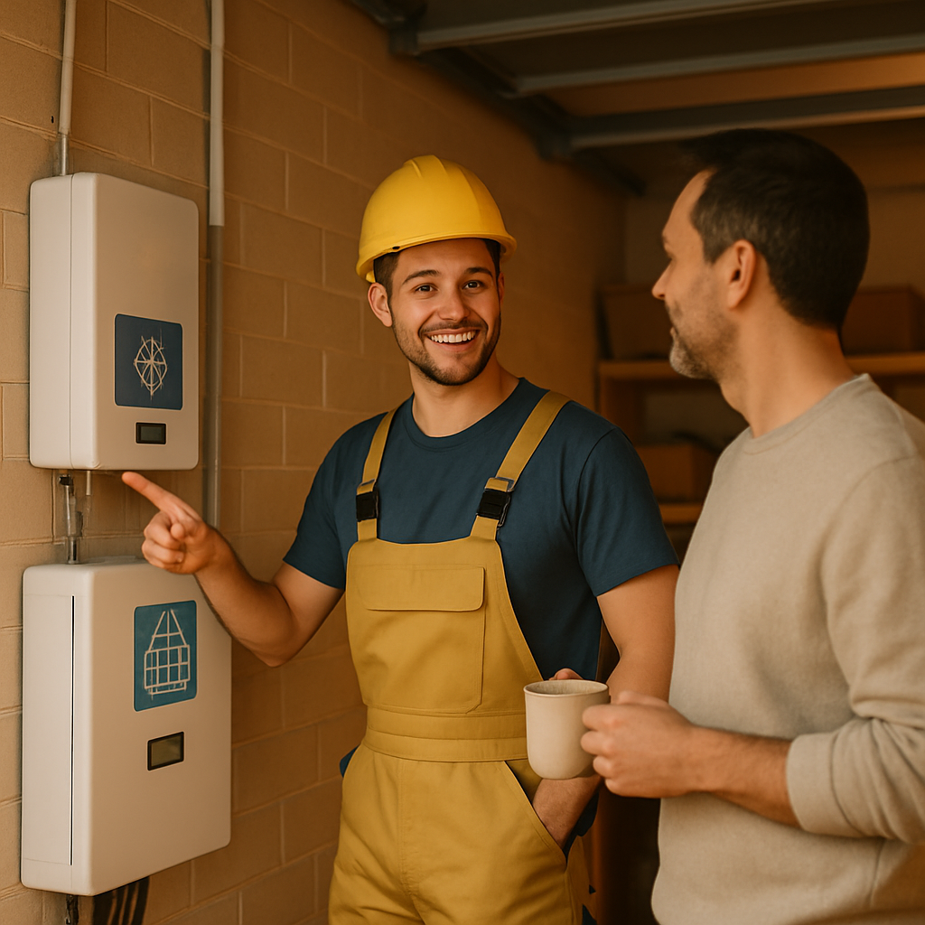 Solar Self-Consumption - A friendly installer in a modern Queensland home is pointing at a stylized, unreadable solar battery setup in a garage, explaining the system to a homeowner who is listening attentively. The homeowner is holding a coffee mug. The scene is well-lit and the equipment looks clean and advanced.