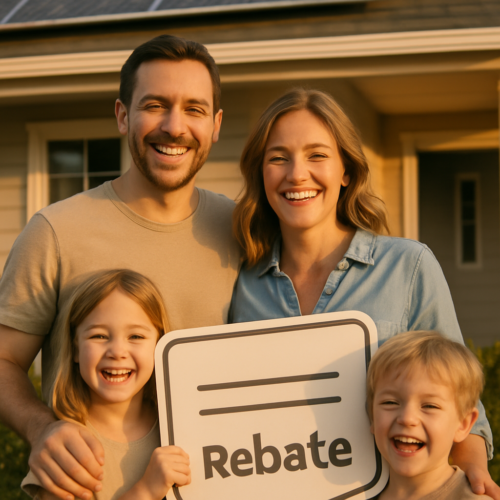 Solar Panel And Battery Package Deals Brisbane - A close-up shot of a happy family (parents and two young children) standing in front of their home. The parents are holding a large, stylized (but unreadable) check representing savings from a solar battery rebate. The focus is on their smiling faces and the feeling of financial relief and environmental responsibility.