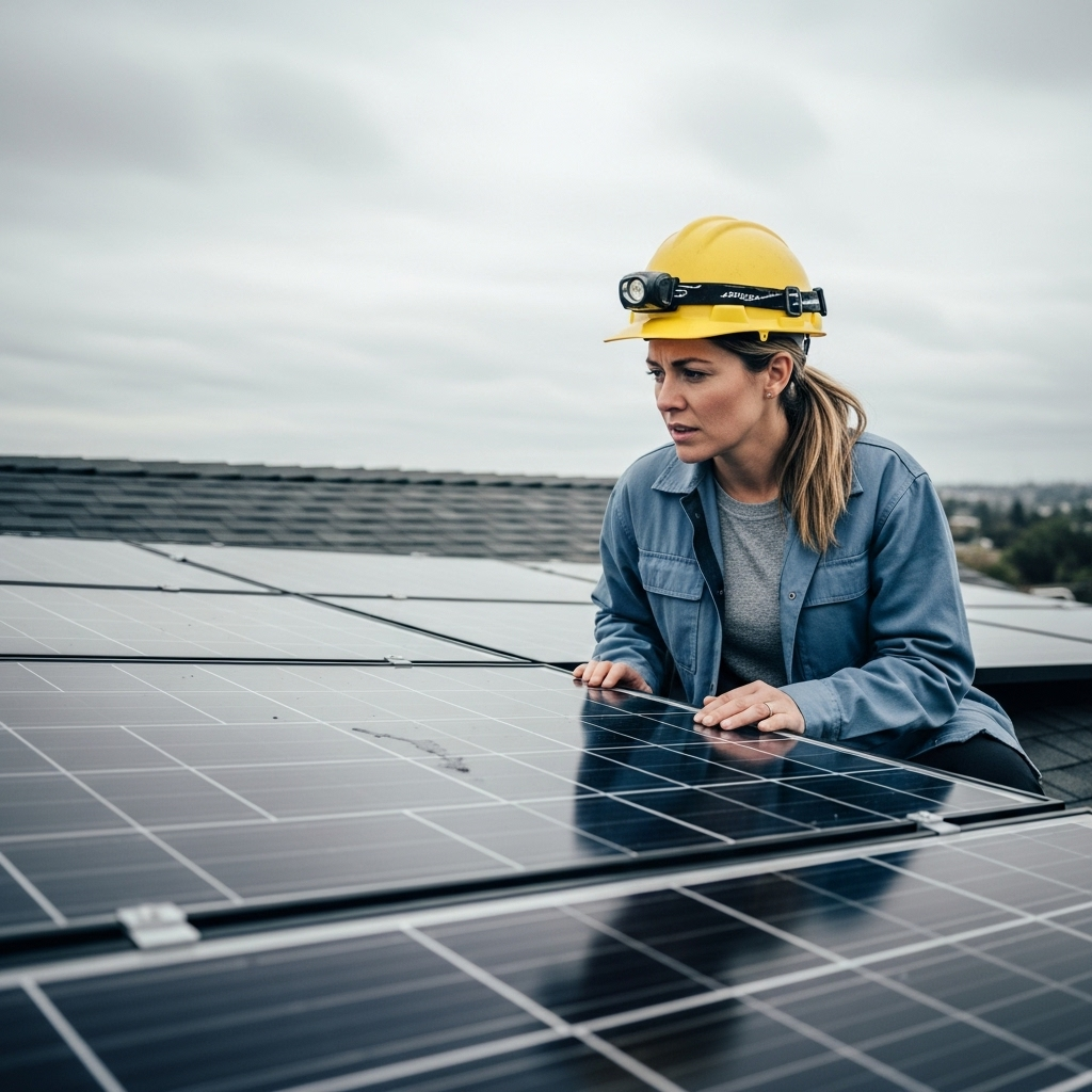 Solar Panel Cost Brisbane - A concerned-looking woman is on her roof, examining a solar panel installation with visible imperfections (e.g., slightly misaligned panels or exposed wiring). The sky is overcast, contributing to the slightly worried tone. She is wearing a safety helmet.