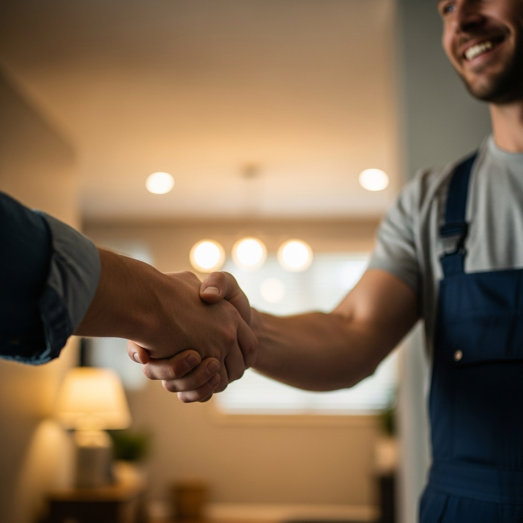 Solar Panel Cost Brisbane - A close-up shot of two hands shaking. One hand belongs to a homeowner and the other belongs to a solar installer in clean, professional work clothes, with the implied suggestion of trust and agreement. The installer is smiling warmly.