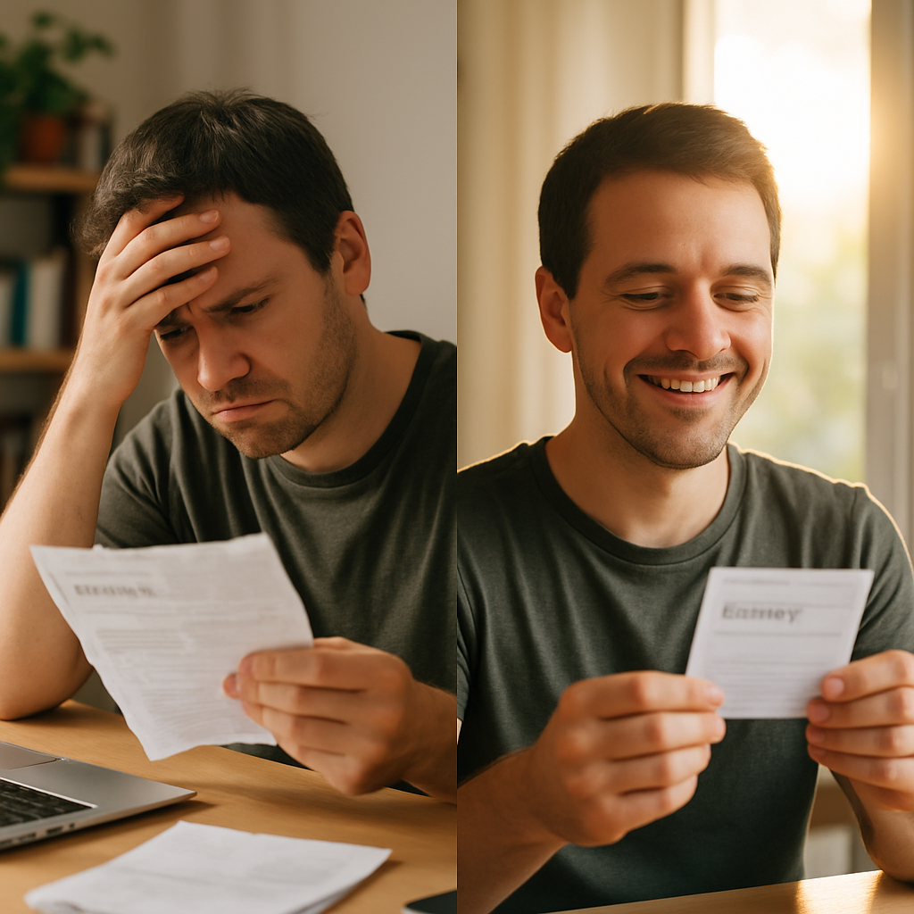 Solar Panel Packages North Lakes - A split image. On one side, a person is looking stressed while holding a large electricity bill. On the other side, the same person is relaxed and smiling, holding a much smaller electricity bill with a bright sun shining behind them. A clear visual representation of the financial benefits of switching to solar energy.
