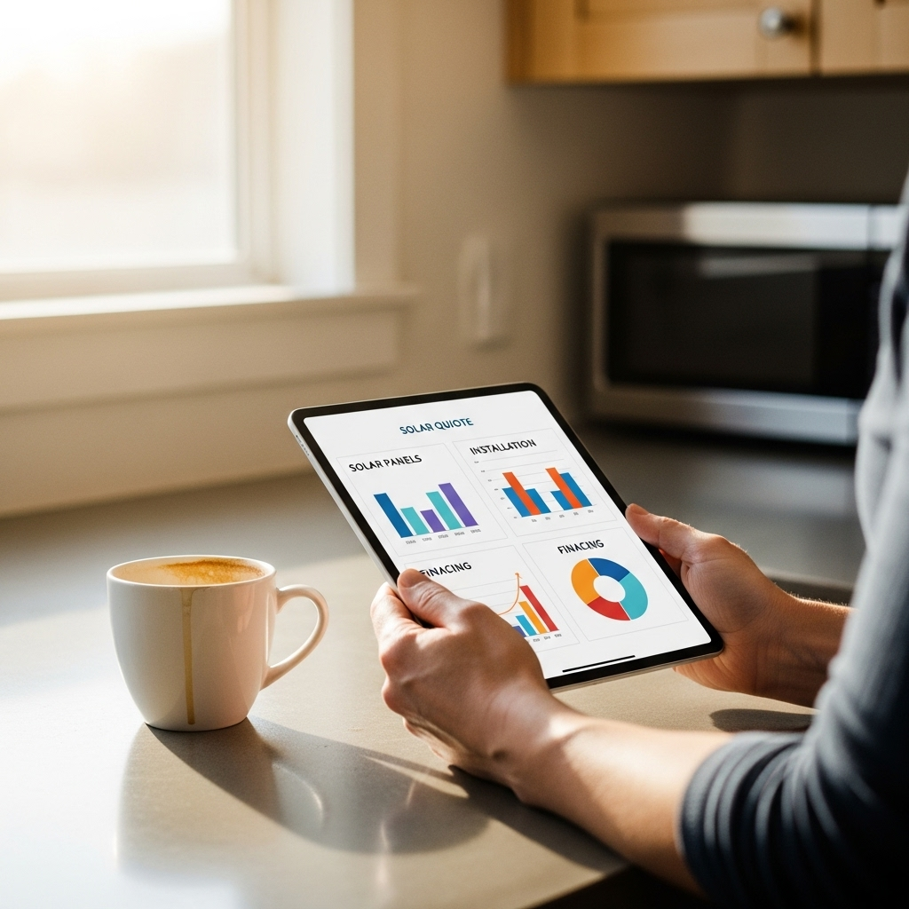 10Kw Solar System Cost Queensland - A close-up shot of a person's hands holding a tablet displaying a simplified solar quote breakdown. The text is not legible but visually suggests clear categories like 'Panels,' 'Inverter,' 'Installation,' and 'Rebate'. The background is a bright, clean kitchen counter with a coffee mug.