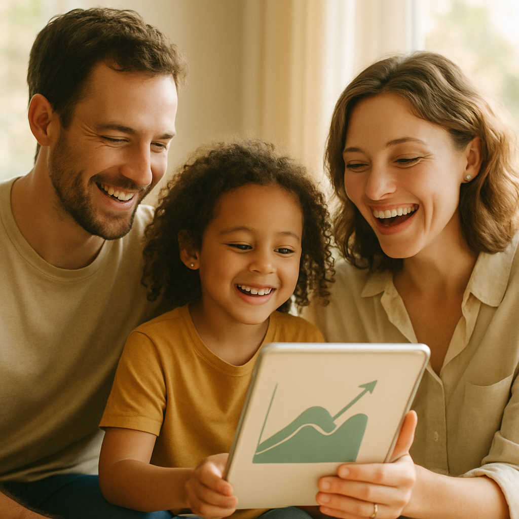 5Kw Solar And Battery Package Deals Brisbane - A family (two adults, one child) is happily gathered around a tablet displaying a stylized but unreadable graph showing energy savings. The sunlight is streaming in through a window, and they're all smiling, conveying a sense of financial benefit and positive environmental impact.