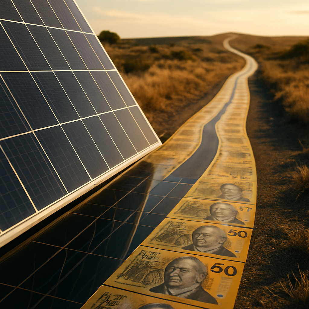 Affordable Solar Installers Ipswich - A visual metaphor depicting a solar panel reflecting a long, winding road into the distance. The road is paved with Australian $50 notes, progressively fading as they stretch toward the horizon, representing long-term savings. The panel is clean and modern-looking.