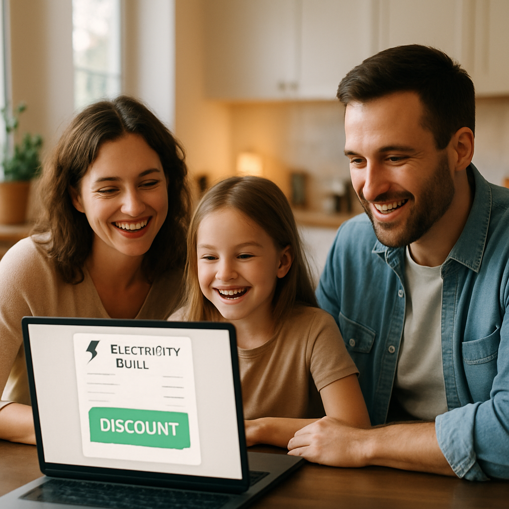 Affordable Solar Installers Ipswich - A family (two parents, one child) are happily gathered around a kitchen table, looking at a laptop. The laptop shows a stylized representation of an electricity bill with a prominent, bright green 'discount' notification displayed. The kitchen is modern and bright, filled with natural light.