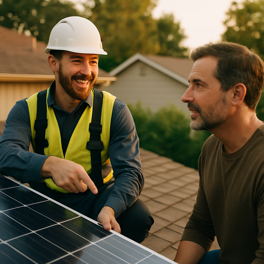 Solar Consultation Brisbane - A friendly-looking solar consultant is on a roof, pointing at a residential solar panel installation while having a conversation with a homeowner. The homeowner is looking on with interest. Safety gear is visible on the consultant.