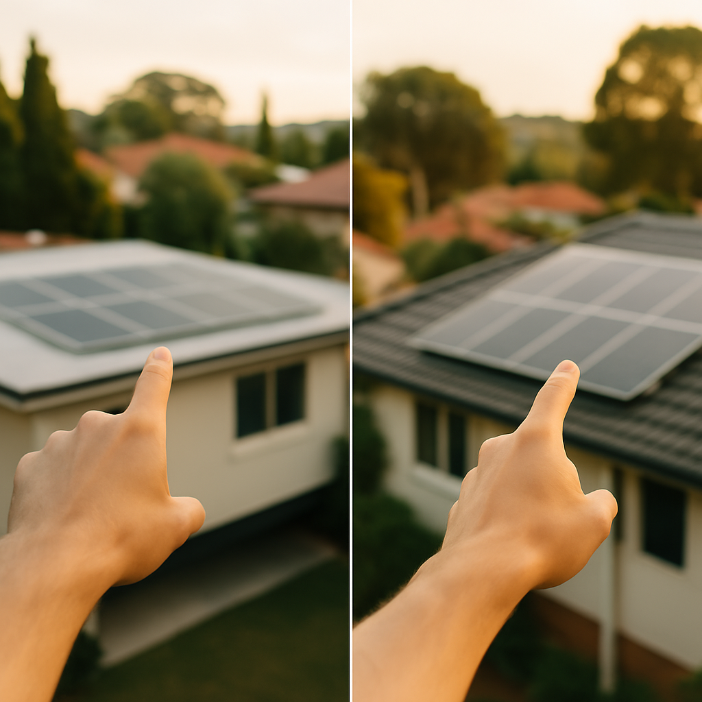 Solar Panels On Flat Roof Brisbane - A split-screen image. On one side, a hand points to a flat roof solar panel installation on a residential home. On the other, a hand points to a sloped roof solar panel installation on a similar home. The image subtly emphasizes the minor visible differences and cost comparison without being overly technical.
