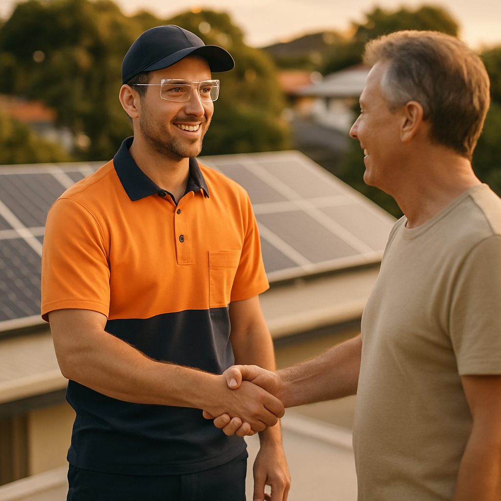 Solar Panels On Flat Roof Brisbane - A friendly, professional solar installer (wearing a clean uniform and safety glasses) is shaking hands with a smiling homeowner on the flat roof of their home. Solar panels are visible in the background. Both figures project trustworthiness and satisfaction with the completed installation.