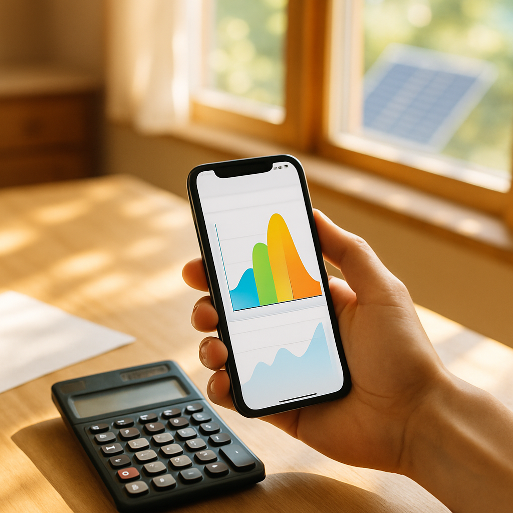 Emergency Solar Panel Repair Brisbane - A hand holding a smart phone over a calculator on a sunny kitchen table. The phone displays a simplified graph suggesting energy usage over time. A single solar panel is subtly visible through the kitchen window in the background
