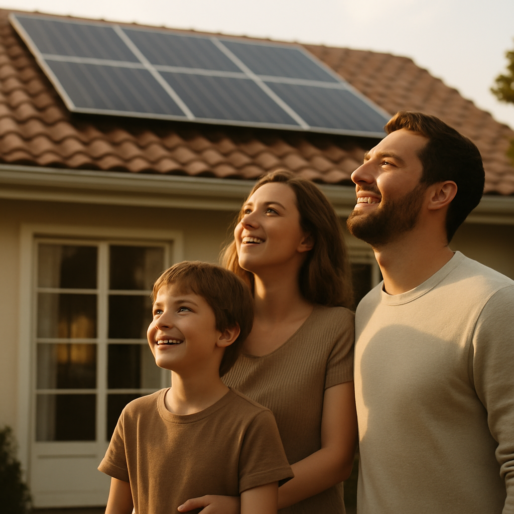 Solar Installers Chermside - A young family (parents and a child) standing in front of their home, looking up at newly installed solar panels on their roof with smiles on their faces. The scene is bathed in the warm glow of the late afternoon sun, conveying a sense of optimism and investment in the future.