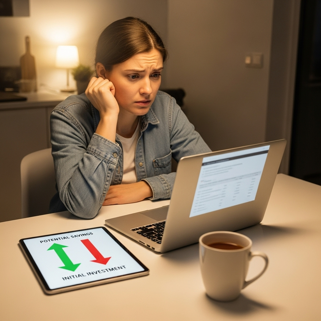 Tesla Powerwall 3 Price - A person sitting at a laptop at their kitchen table, looking slightly perplexed. A tablet next to the laptop displays a simplified, colorful chart of potential savings vs. initial cost, with some gains and losses illustrated in a conceptual way (e.g., upwards arrow for savings, downwards arrow for initial investment). The scene suggests they are researching rebates and financial implications.
