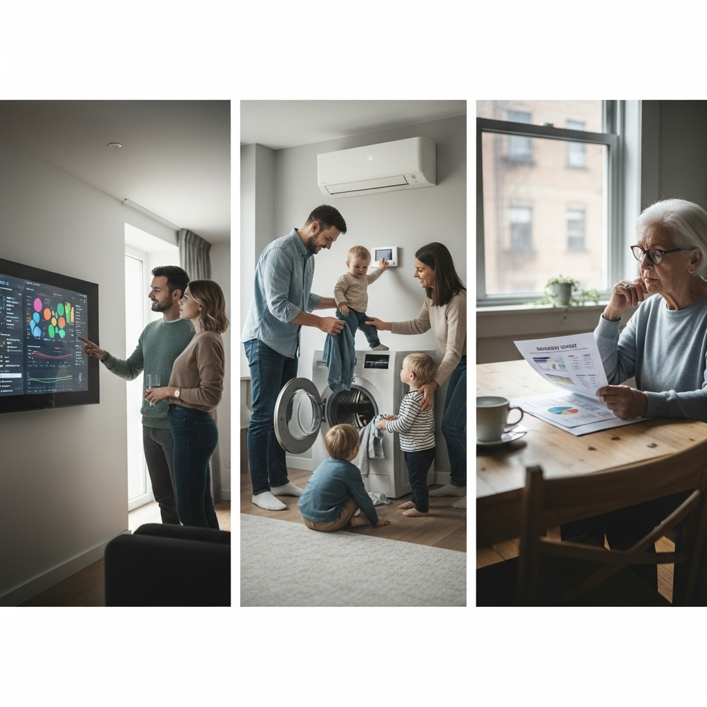 Tesla Powerwall 3 Price - Three diverse households are shown in triptych format. The first shows a tech-savvy couple looking at a smart home energy dashboard on a large wall-mounted screen. The second shows a family with young children happily using energy-intensive appliances (e.g., air conditioning, washing machine) in their well-lit home. The third shows an elderly person thoughtfully examining a simplified energy usage printout. Each scene implies different needs/priorities when choosing a battery system.