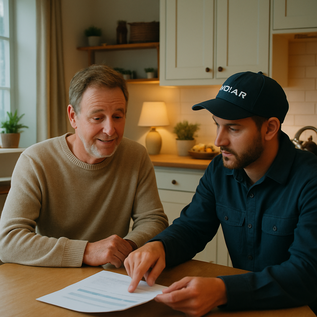 10Kw Solar System With Battery Storage Price Qld - A homeowner is sitting at their kitchen table with a solar installer. The installer is pointing to a line item on a quote that reads 'Federal Battery Rebate,' while the homeowner looks on with a relieved expression. The kitchen is bright and inviting.