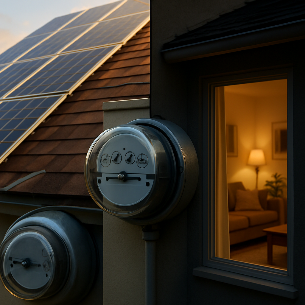 10Kw Solar System With Battery Storage Price Qld - A split image showing two scenarios. On the left, the sun is shining brightly on solar panels, and an electrical meter is subtly spinning backward. On the right, it's nighttime, and the meter is spinning forward, indicating energy consumption. The overall feel is balanced and illustrates the concept of buying and selling energy.