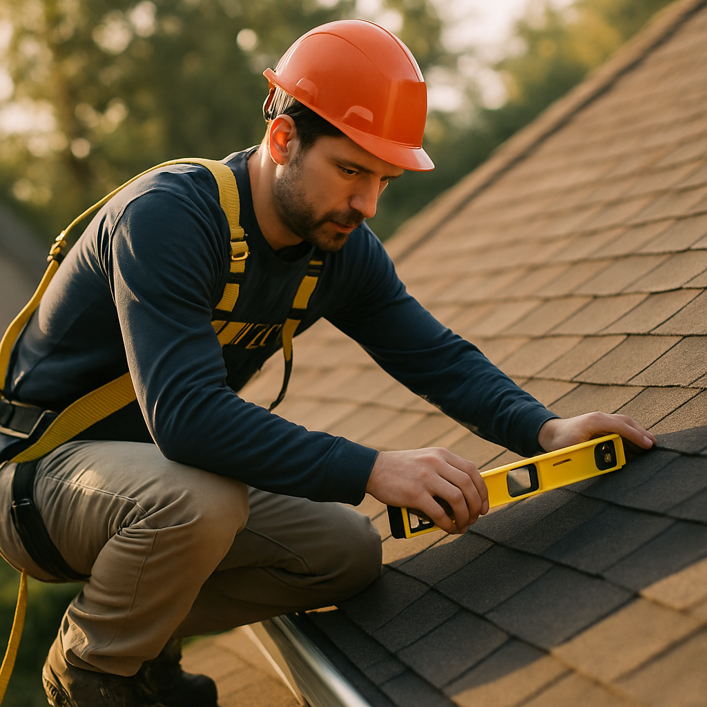 Council Approvals Needed For Solar In Brisbane - A close-up shot of a qualified solar installer carefully inspecting the roof of a house during a site assessment. He is using a level and wearing appropriate safety gear (harness). The focus is on the precision and professionalism of the inspection, conveying trustworthiness and expertise. He's looking directly at the roof, concentrating on his work.