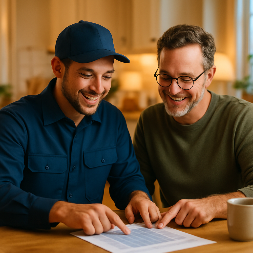 Council Approvals Needed For Solar In Brisbane - A friendly installer in a clean uniform sitting at a kitchen table with a Brisbane homeowner, going over a solar installation plan together. They are both smiling and pointing to the document. The scene is bright and open, conveying a collaborative and transparent process. The homeowner has a cup of coffee nearby, creating a relaxed, trustworthy atmosphere.