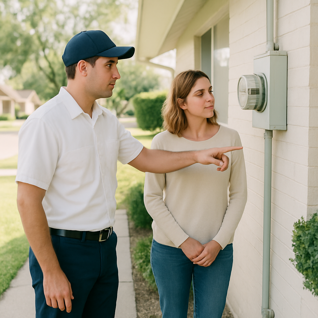 How To Apply For Solar Feed-In Tariff Qld - An installer in a clean uniform is pointing towards a meter box outside a house while talking to the homeowner. They are both looking at the meter box and discussing something related to it. The sun is shining, and the overall feeling is positive and informative.