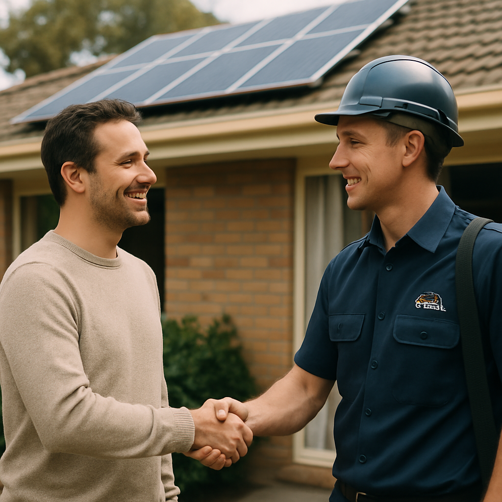 Jinko Solar Panels Price Brisbane - A homeowner and a friendly solar panel installer are shaking hands in front of the house with recently installed solar panels. The installer has a Solar Accreditation Australia (SAA) badge visible on their uniform (stylized and not perfectly legible). The homeowner looks happy and confident.