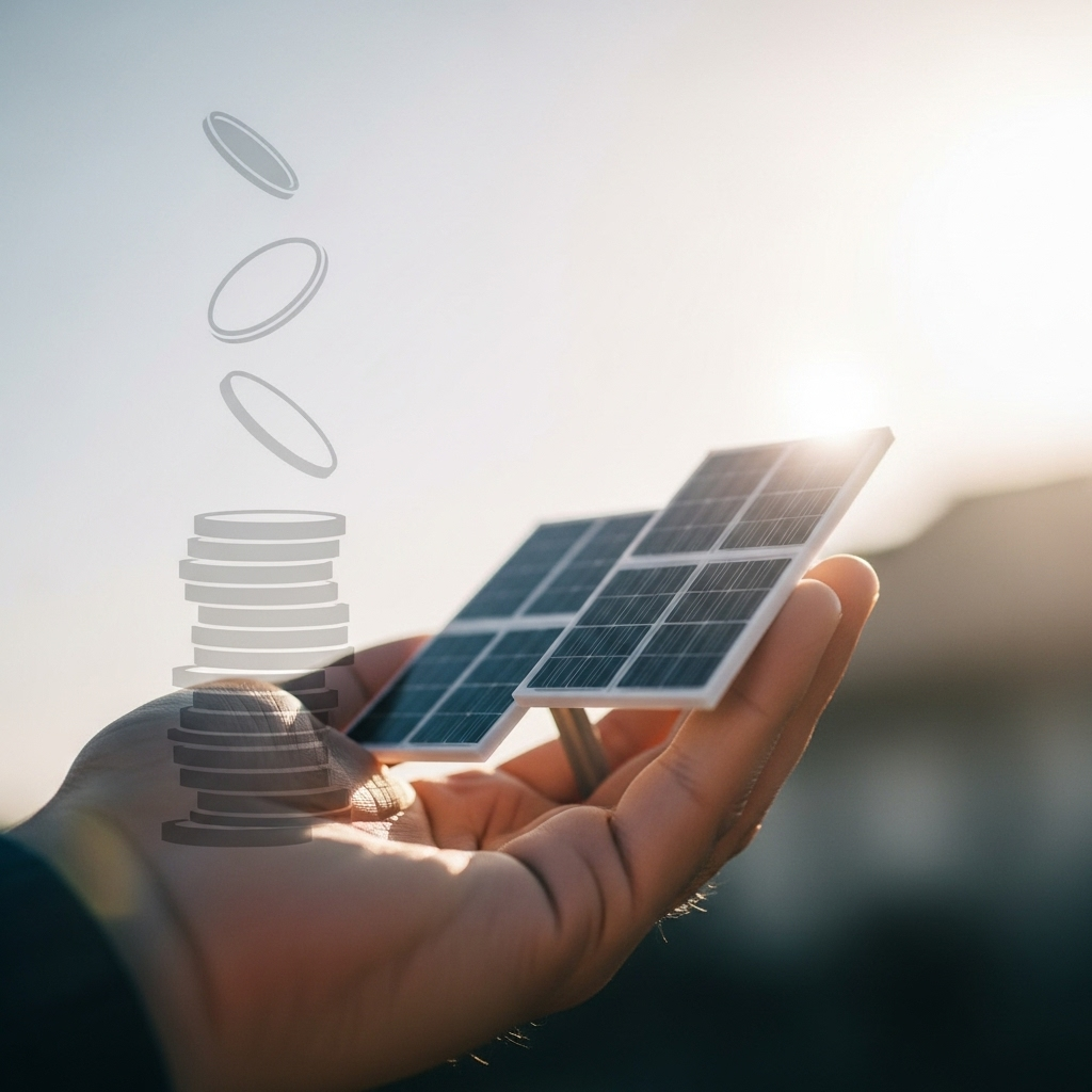 Solar Panel Quotes Indooroopilly - A hand holding a stylized depiction of solar panels angled toward the sun. Overlaid on the image is a subtle graphic of a falling stack of coins, visually representing the rebates and savings associated with solar energy.