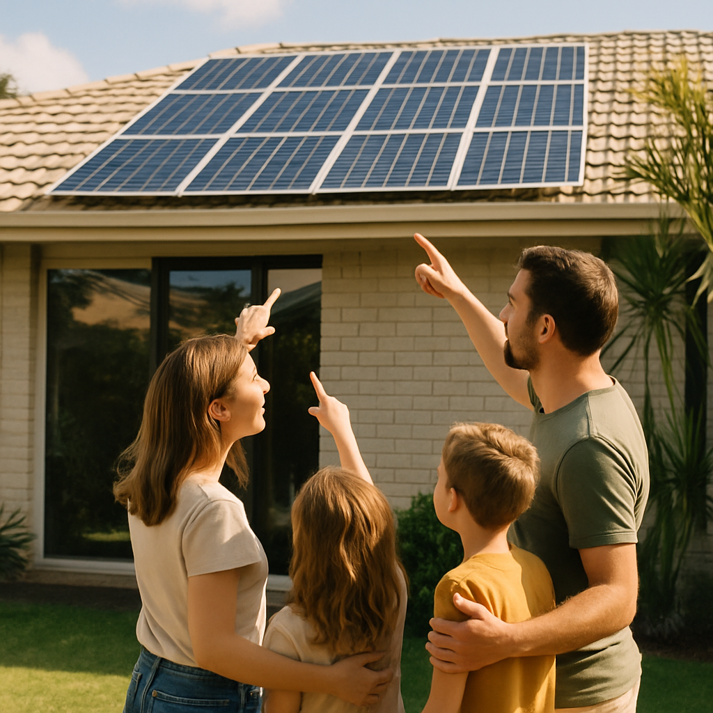 6.6Kw Solar System Price Brisbane - A close-up shot of a Brisbane family (parents and two young children) looking up at solar panels on their roof. The parents are pointing at the panels, seemingly explaining them to their children. The sun is shining and the overall feeling is positive and forward-looking.