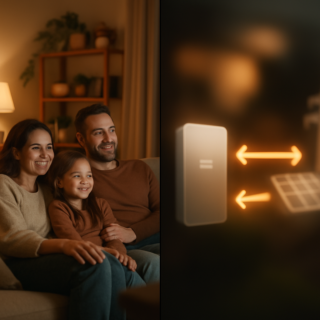 Solar Battery For Vpp Queensland - A split-screen image. On one side, a family is comfortably watching TV in their living room, lights are on in the evening. On the other side, an abstracted, non-specific visualization of energy flowing bidirectionally (arrows pointing both ways) between a home battery, solar panels, and an electrical grid. The scene should be well-lit and positive, showcasing the benefits of reliable backup power.