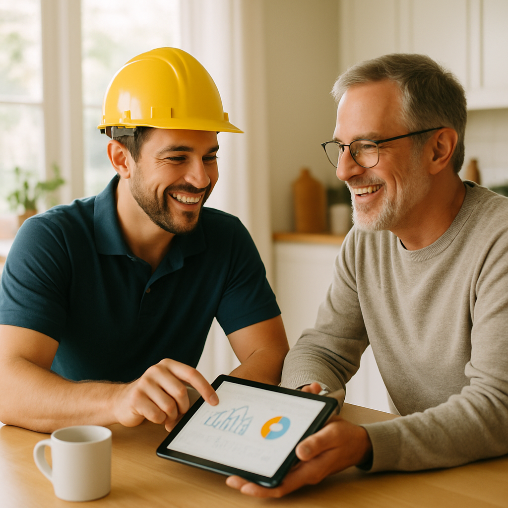 Solar Battery For Vpp Queensland - A friendly and knowledgeable solar installer is sitting at a kitchen table with a homeowner, reviewing energy usage charts on a tablet. They are both smiling and engaged in conversation, representing a positive and informative consultation about home energy solutions. The setting is a bright and tidy kitchen.