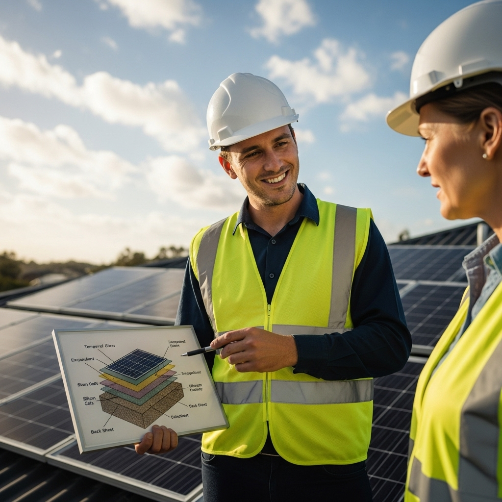 Best Solar Installers Redcliffe - A close-up shot of a friendly, professional-looking solar installer pointing to a cross-section of a solar panel, explaining its components to a homeowner. Both are wearing appropriate safety gear. The background shows a neatly installed array of solar panels on a residential roof. The scene is well lit and professional.