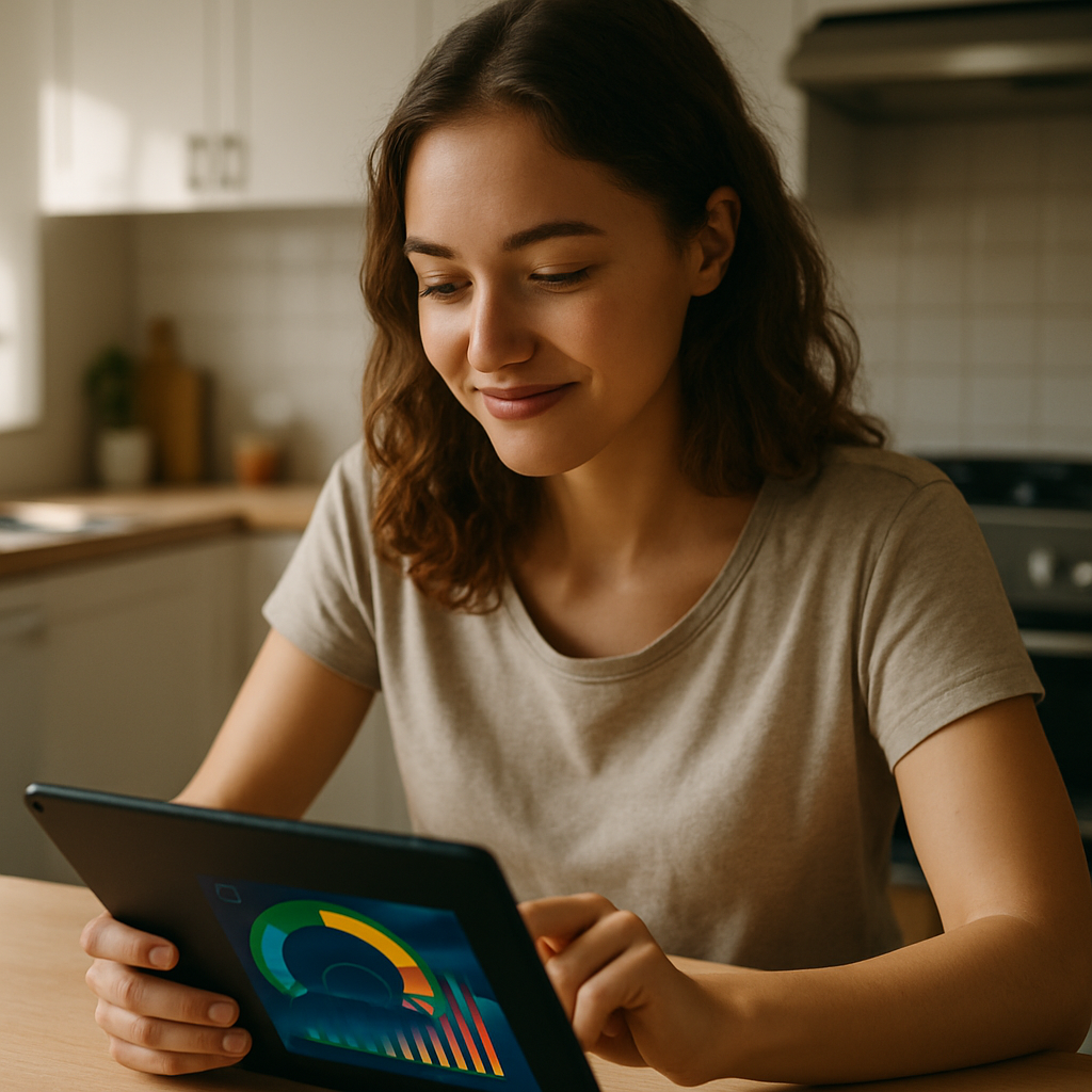 Green Loans For Solar Brisbane - A friendly young woman is sitting at her kitchen table, looking at a tablet displaying information about solar panels and loans. There's a happy expression on her face. The kitchen is modern and clean, with sunlight streaming through the window. The tablet's screen is blurred to avoid any brand names or logos.