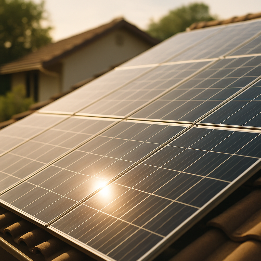 Solaredge Inverter Quote Qld - A close-up shot of a solar panel array on a residential rooftop. The image is taken from a slightly low angle, showcasing the sleekness of the panels. Focus is on sunlight glinting off the panel surface, emphasizing energy generation. No specific panel brand or model should be identifiable.