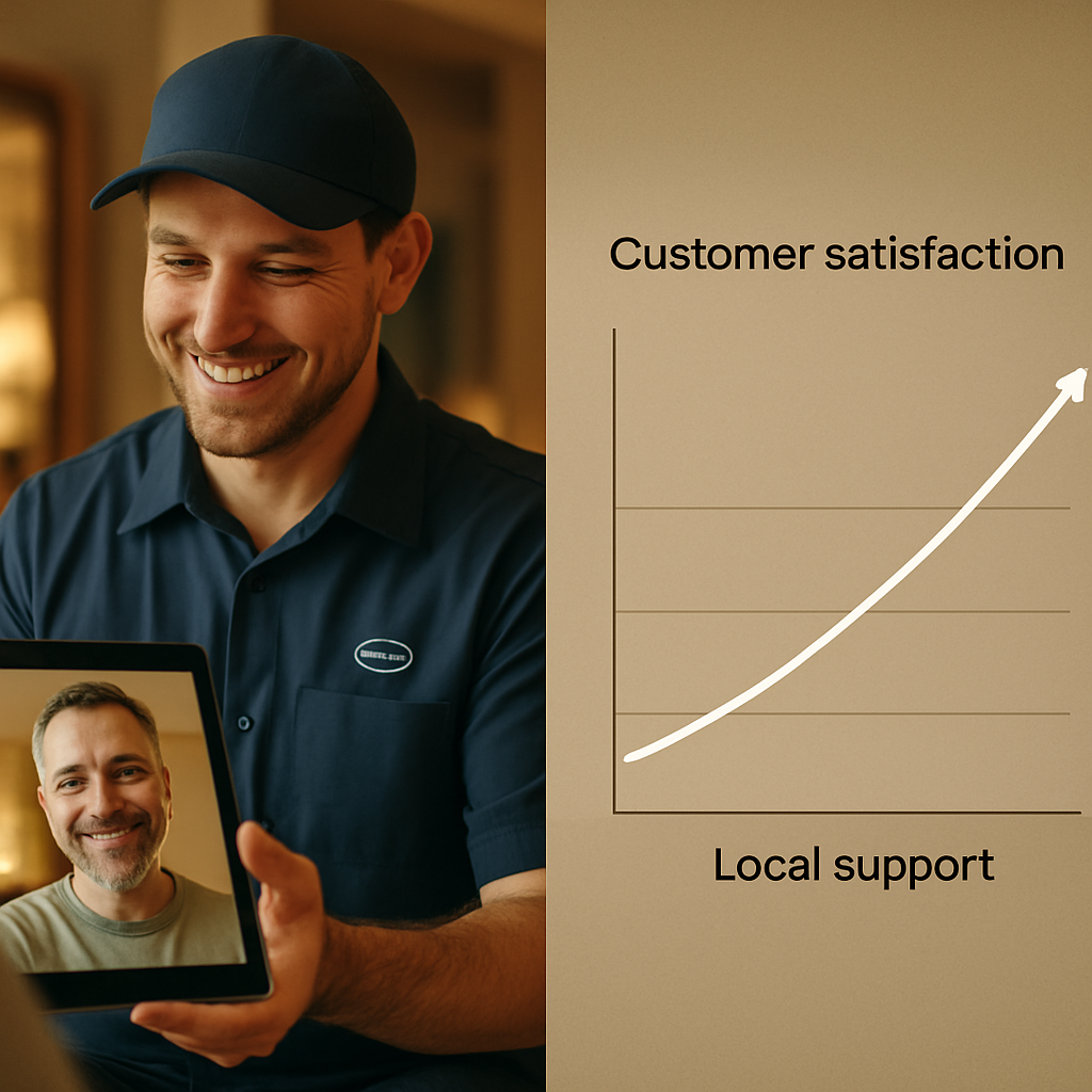 Tesla Powerwall Alternatives Brisbane - A split-screen image: On one side, a friendly technician in a branded uniform is on a video call, cheerfully assisting a homeowner who is looking at a tablet. On the other side, a simplified line graph visually depicting 'customer satisfaction' trending upwards over time for 'Local Support'. The goal is to visually represent the importance of reliable, responsive support.