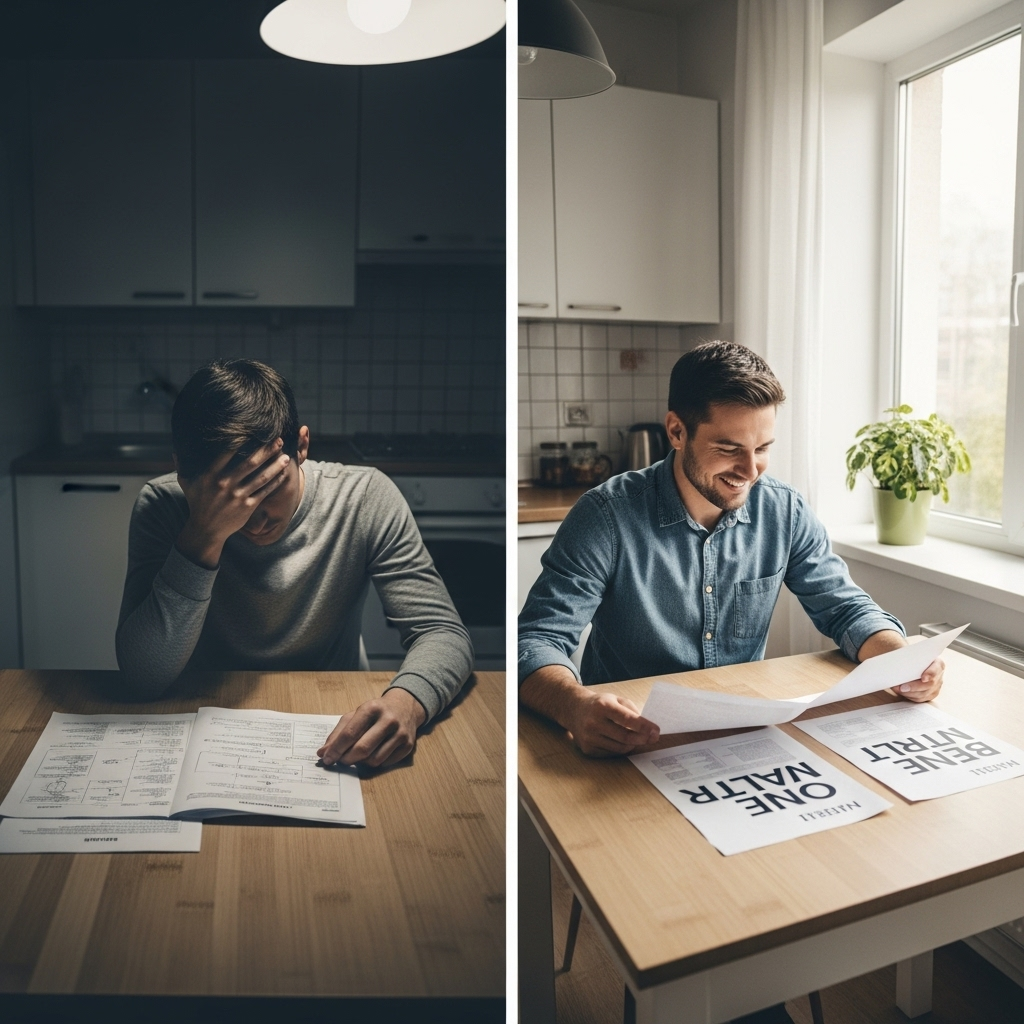 Adding A Battery To Existing Solar System Brisbane Cost - A split-screen image. On one side, a concerned-looking homeowner is reviewing a dense, confusing document. On the other side, a relaxed and confident homeowner is reviewing three simpler, clearly laid-out documents. This visually represents the value of getting multiple quotes.