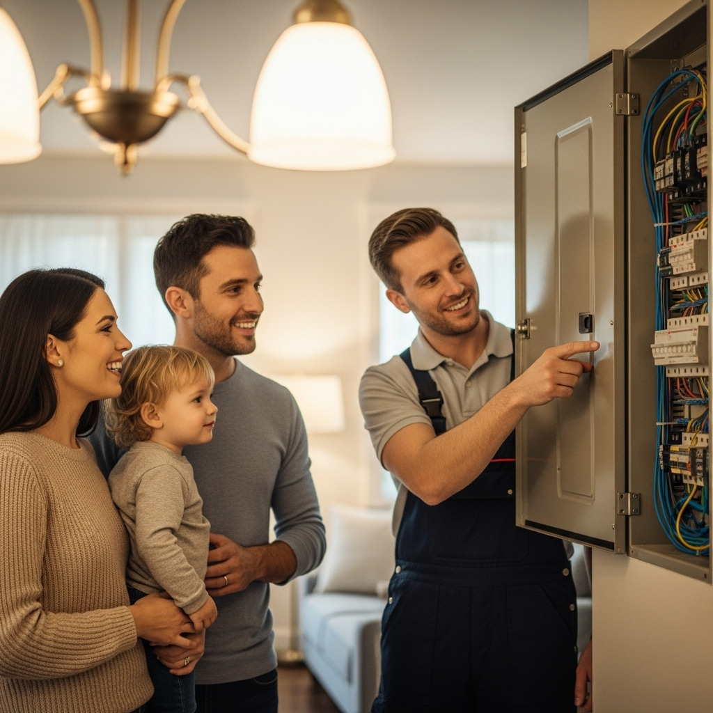 Adding A Battery To Existing Solar System Brisbane Cost - A happy family (two parents, one child) standing in front of their home's electrical panel, which is open. An electrician is pointing inside the panel with a smile. The focus is on the family's excitement and the electrician's reassuring demeanor, representing the peace of mind that comes with energy independence.