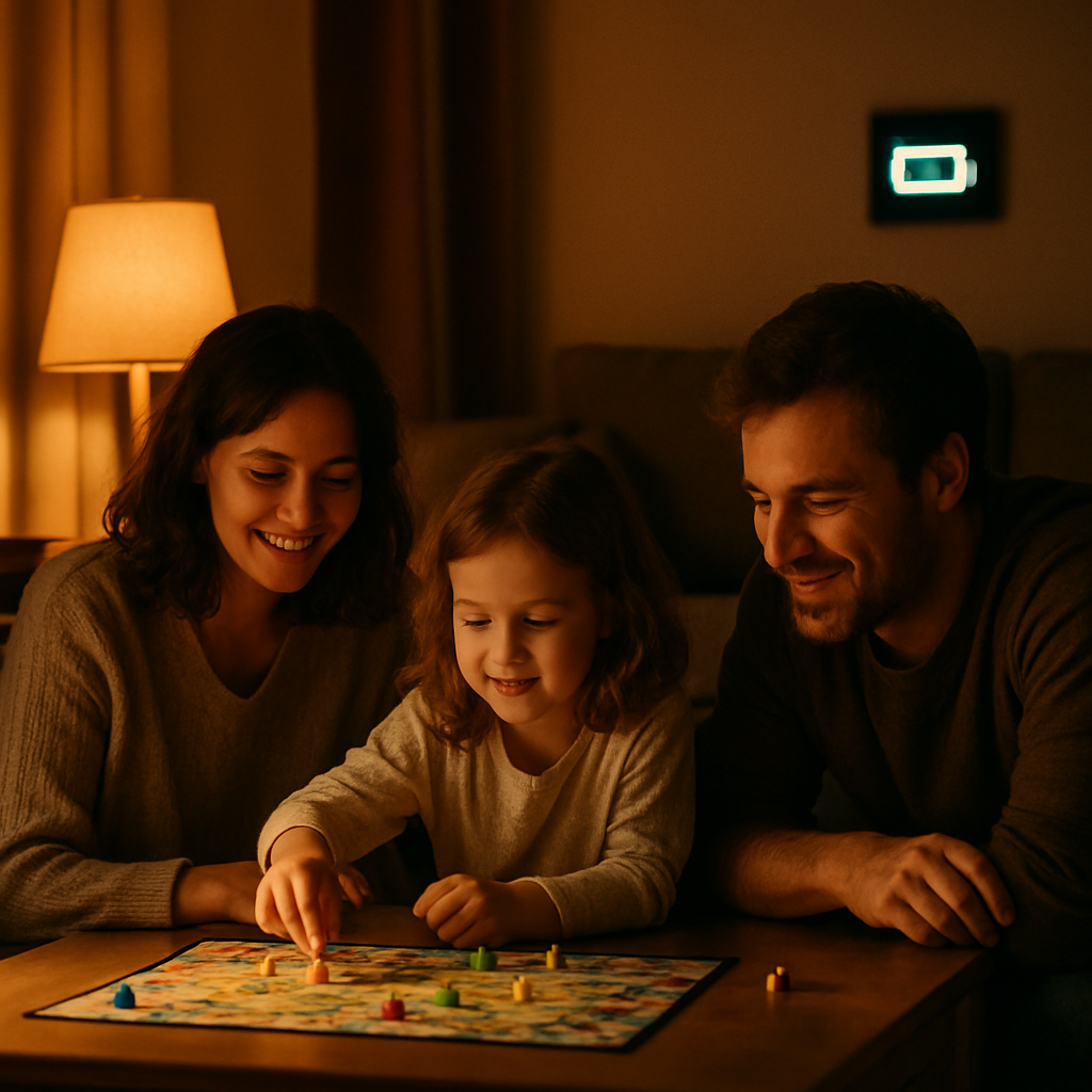 Cost To Add A Sungrow Battery To An Existing Solar System Qld - A warm, inviting shot of a living room at night. A lamp is lit, and a family (parents and a child) are playing a board game. The scene conveys a sense of comfort and security, powered by their solar battery system. A subtle indicator of the solar battery system could be a small, simple display screen (no legible text) showing a full battery icon.
