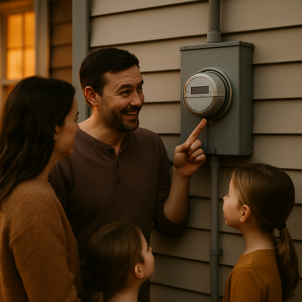 How To Finance A Solar And Battery System In Brisbane - A family (two parents and a child) standing in front of their electricity meter box, with the father pointing at it and explaining something to his family. The scene implies understanding energy usage and potential savings, in a friendly and educational way. The meter itself should be generic and not show specific branding or readings.