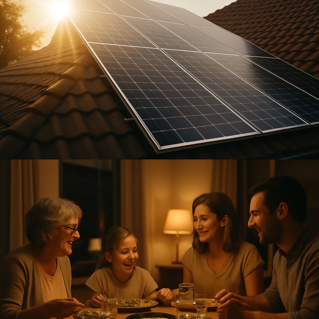 How To Monitor Your Solar And Battery System Performance - A split screen showing two scenarios: On the top half, the sun is shining brightly on solar panels on a roof. On the bottom half, inside the house, a family is enjoying dinner together under warm, energy-efficient lighting. The image visually represents the flow of energy from solar panels to powering a home.