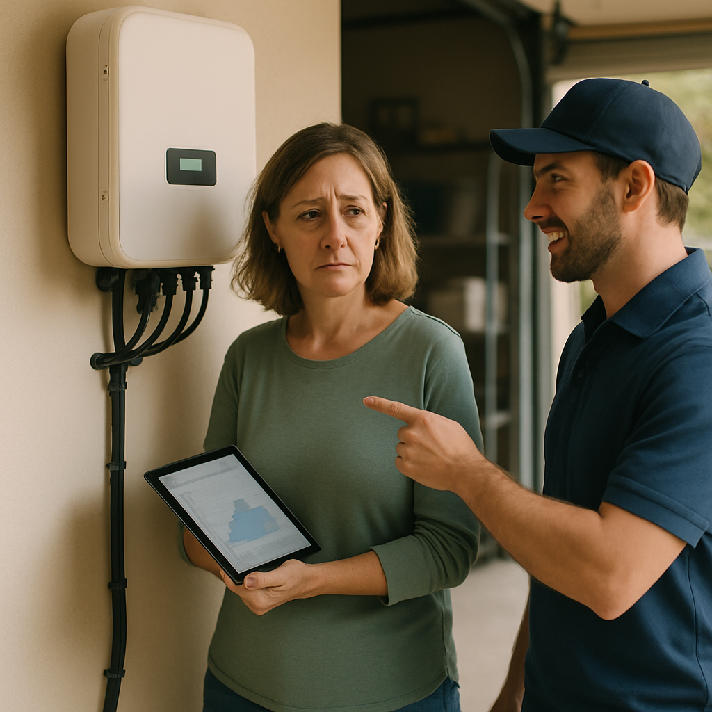 How To Monitor Your Solar And Battery System Performance - A homeowner standing next to their solar inverter, looking slightly concerned. They are holding a tablet displaying an illegible graph, and a friendly and trustworthy solar installer is pointing to the inverter and explaining something. The scene is set during daylight, in a clean garage or outdoor space.