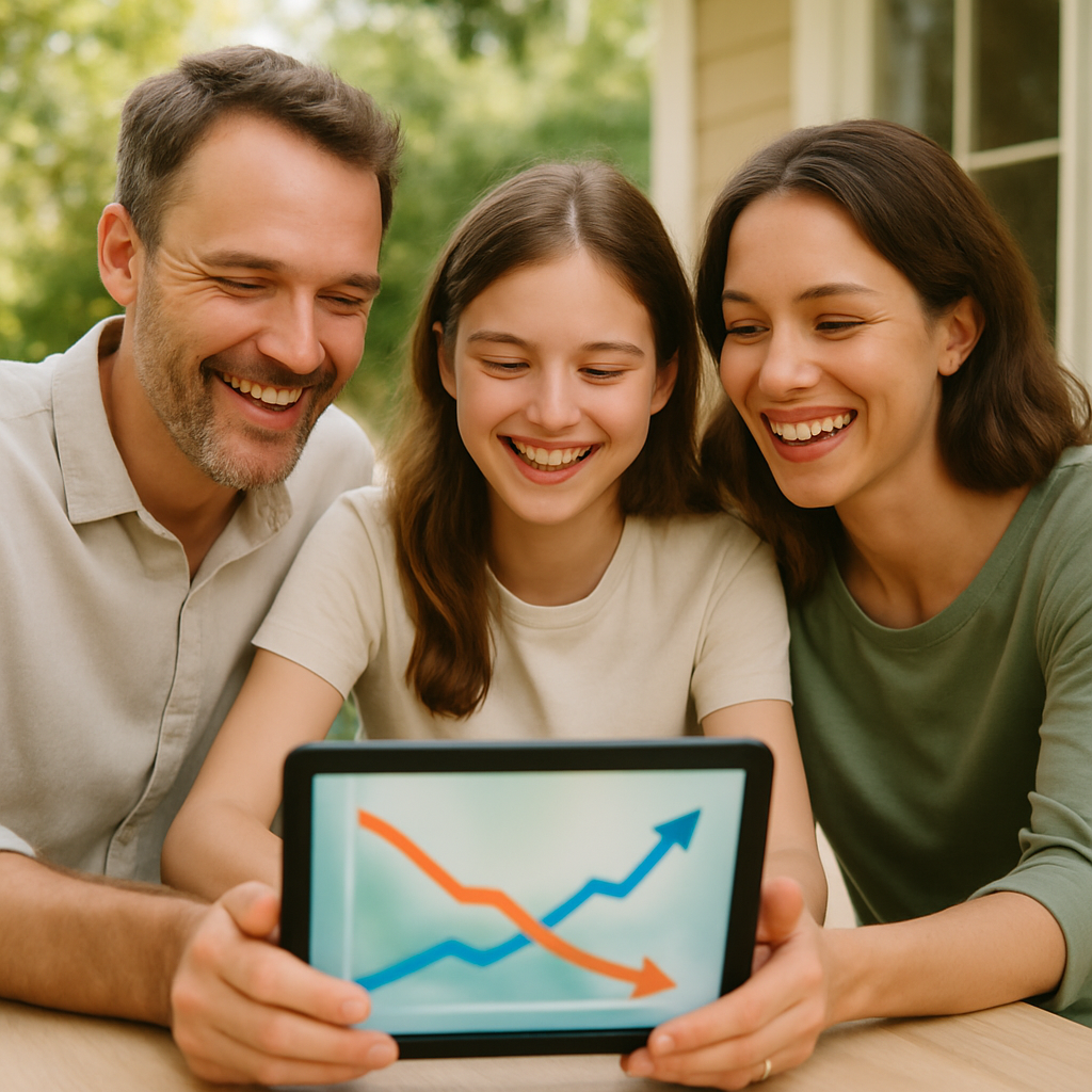 Rec Solar Panels Brisbane Price - A family is sitting at their outdoor table, smiling and looking at a tablet. The tablet screen displays a stylized, illegible graph showing a downward trend (representing cost savings) and upward trend (representing energy generation) related to solar power. Their faces convey a sense of financial relief and environmental responsibility.
