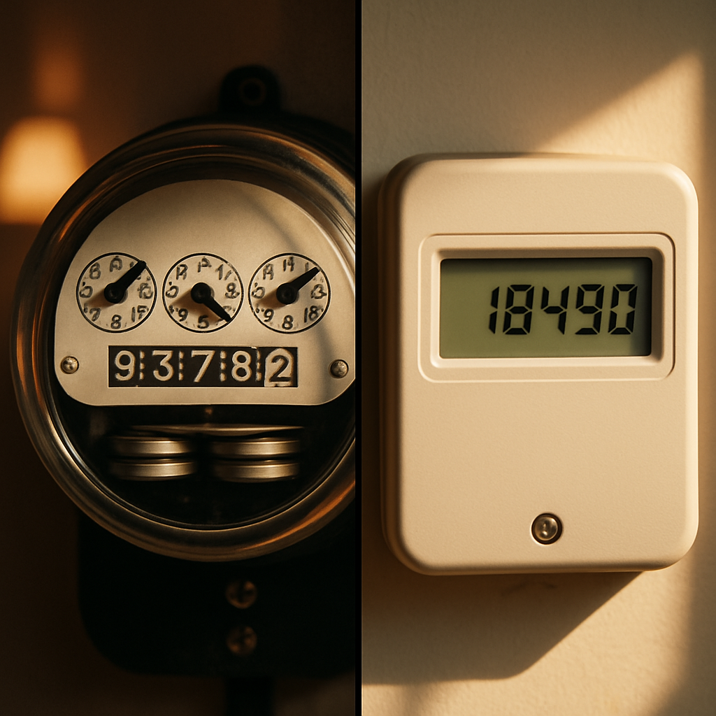 Solar For Small Business Logan - A split image. On one side, a traditional electricity meter is spinning rapidly. On the other side, a stationary meter with sunlight streaming onto it. This is a visual representation of reduced energy consumption.