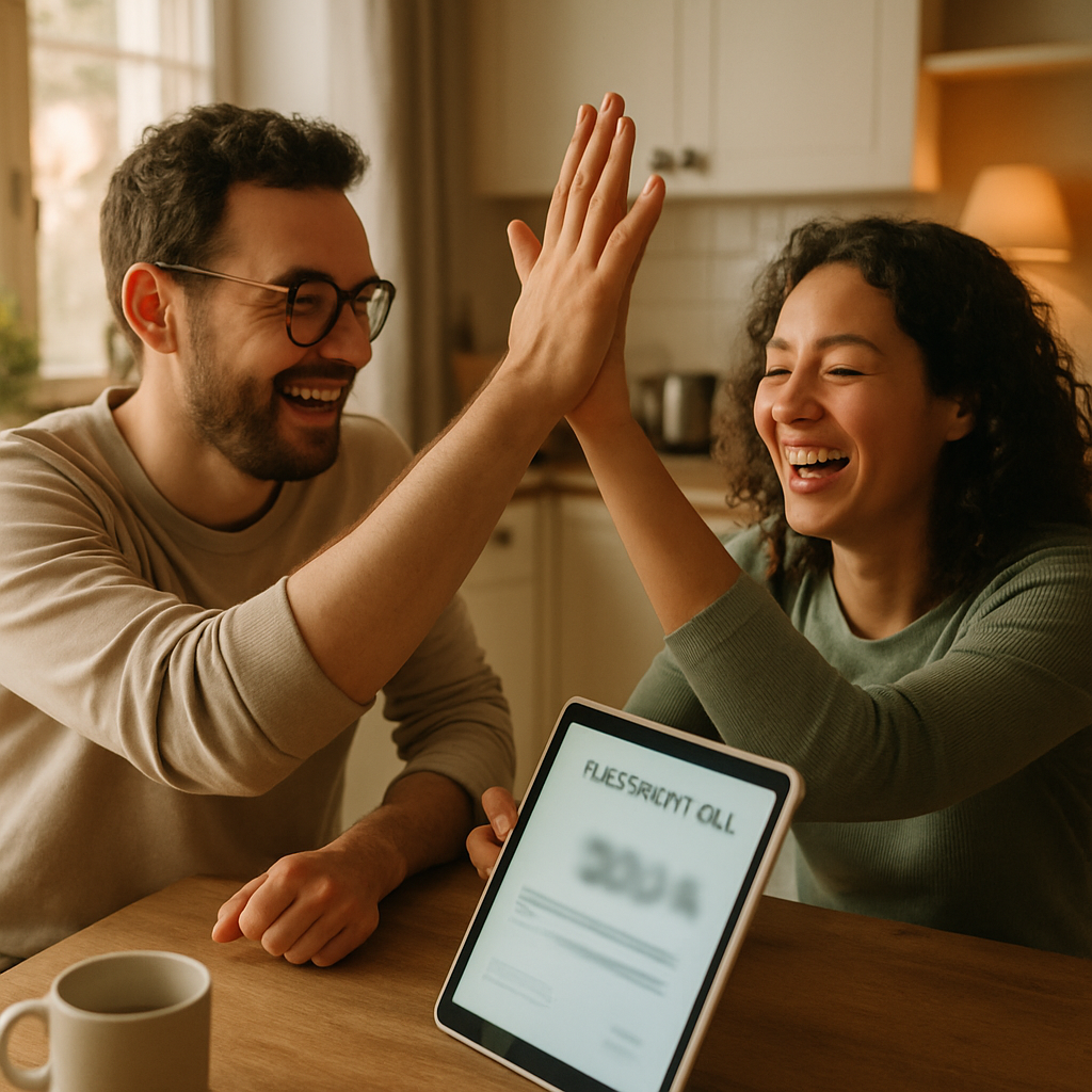 Solar Rebates Qld 2025 - A cheerful tenant couple are high-fiving as they sit at their kitchen table, looking at an electricity bill on a tablet. Sunlight streams in through the window, and the overall atmosphere is positive and celebratory. The bill on the screen displays a noticeably lower amount than expected (numbers blurred).