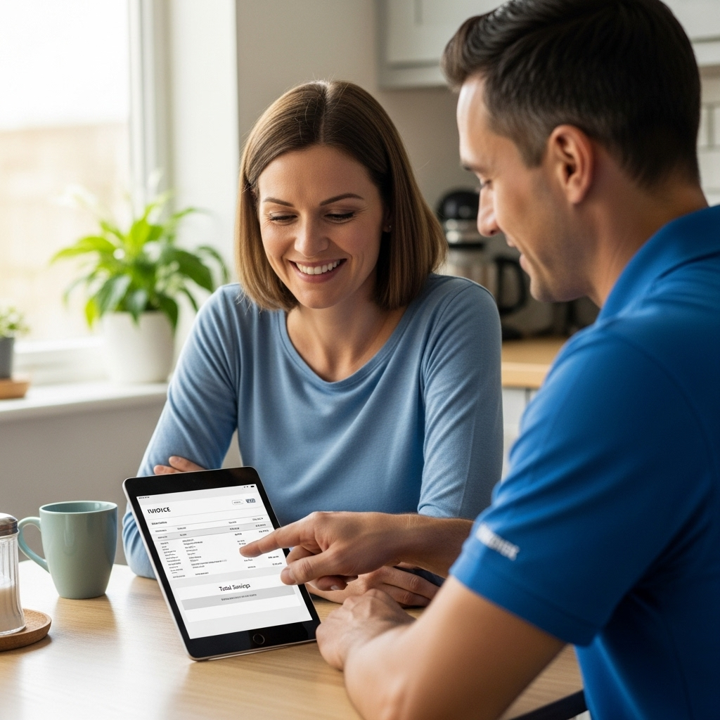 Tesla Powerwall Cost Brisbane - A smiling woman is sitting at her kitchen table with an installer. The installer is pointing to the 'Total Savings' line item on a digital invoice on a tablet screen. The tablet is showing a generic invoice layout, NOT an actual accounting program. The woman looks relieved and happy.