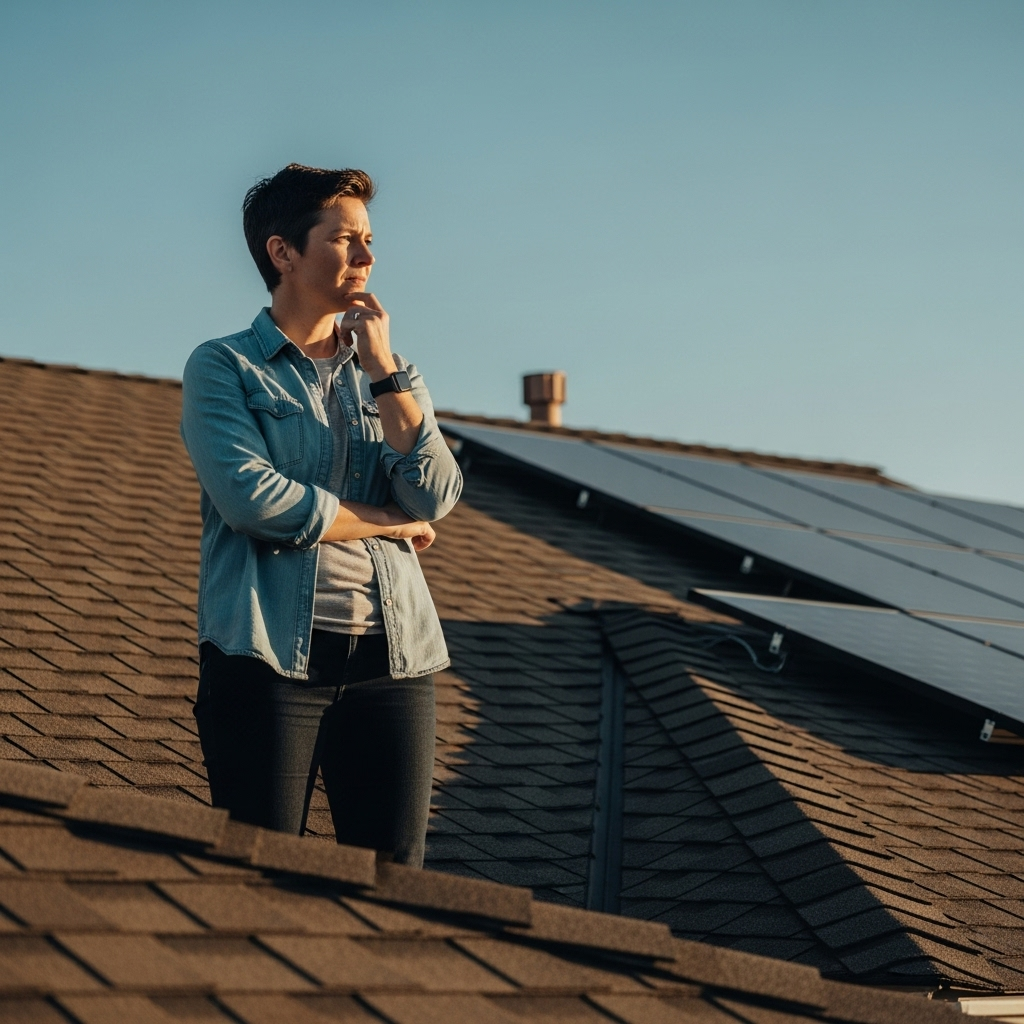 Enphase Microinverters Price Qld - A homeowner standing on their roof looking at their solar panels, scratching their chin thoughtfully. The focus is on the homeowner contemplating the investment, with the solar panels visible but not prominently featured or overly detailed.