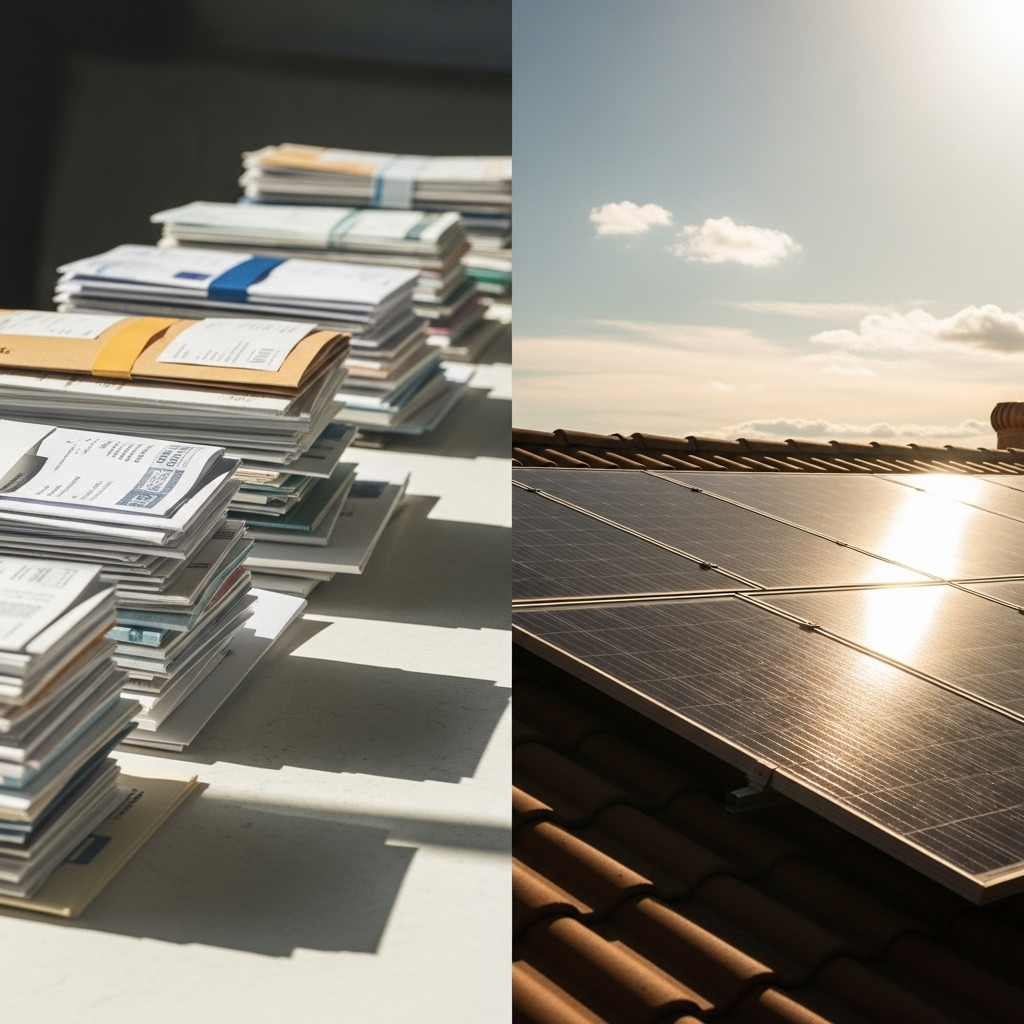 Enphase Microinverters Price Qld - A split image. On one side, a stack of neatly arranged bills. On the other side, a beautifully sunny image of solar panels on a rooftop. A subtle visual implication that solar can offset energy costs.