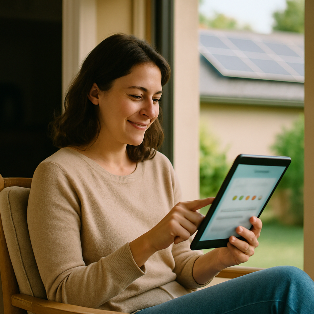 Solar Battery Installer New Farm - A woman sitting comfortably on her porch, casually using a tablet to browse online reviews. She's smiling slightly, suggesting she's finding helpful information. There is a feeling of empowerment and informed decision-making. A solar panel system can be subtly shown on the roof in the background, indicating the context.